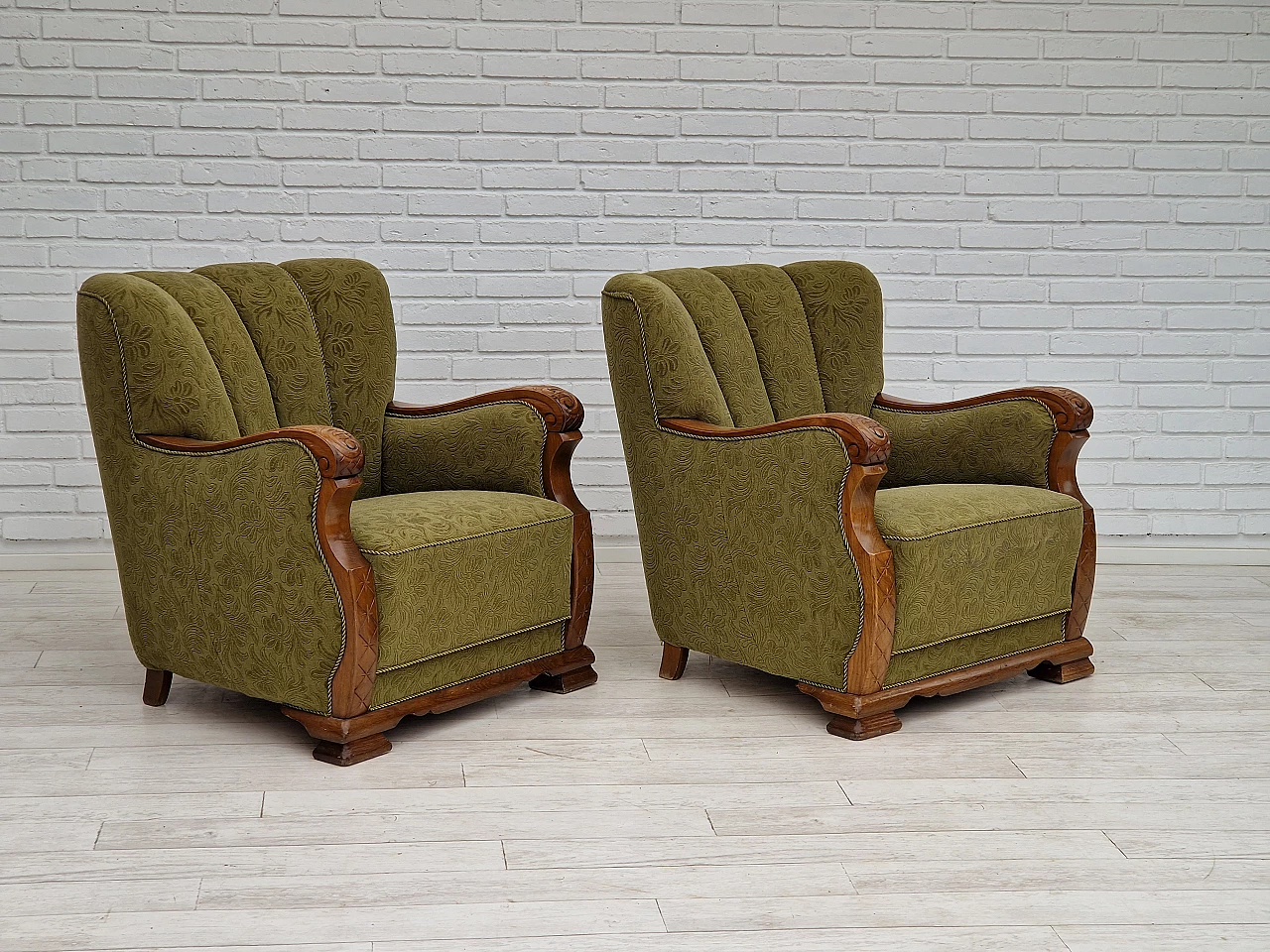 Pair of Danish oak armchairs upholstered in green fabric, 1950s 2