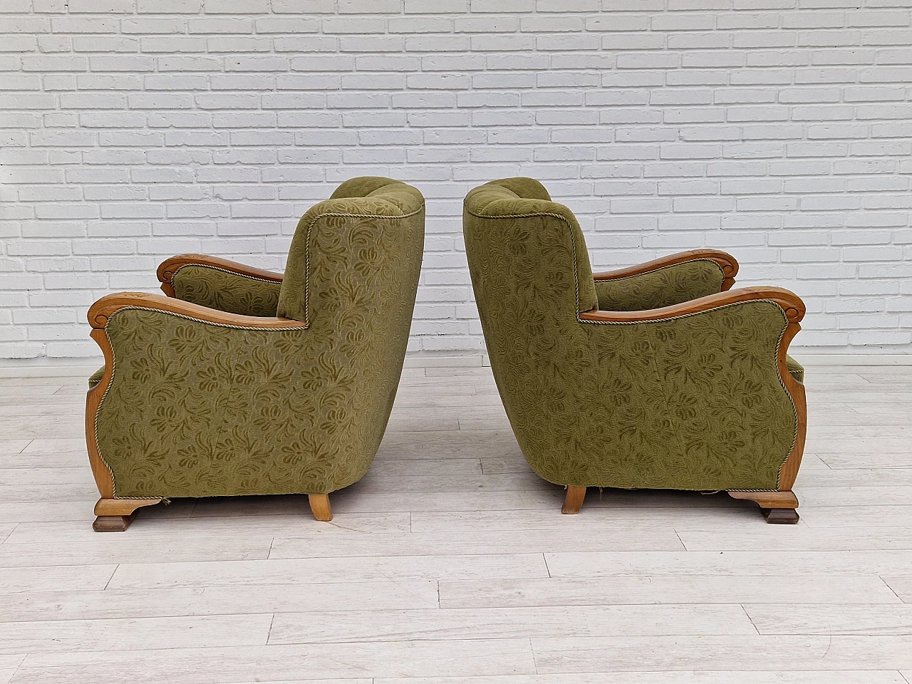 Pair of Danish oak armchairs upholstered in green fabric, 1950s 3