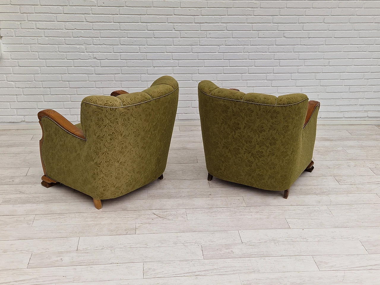 Pair of Danish oak armchairs upholstered in green fabric, 1950s 4