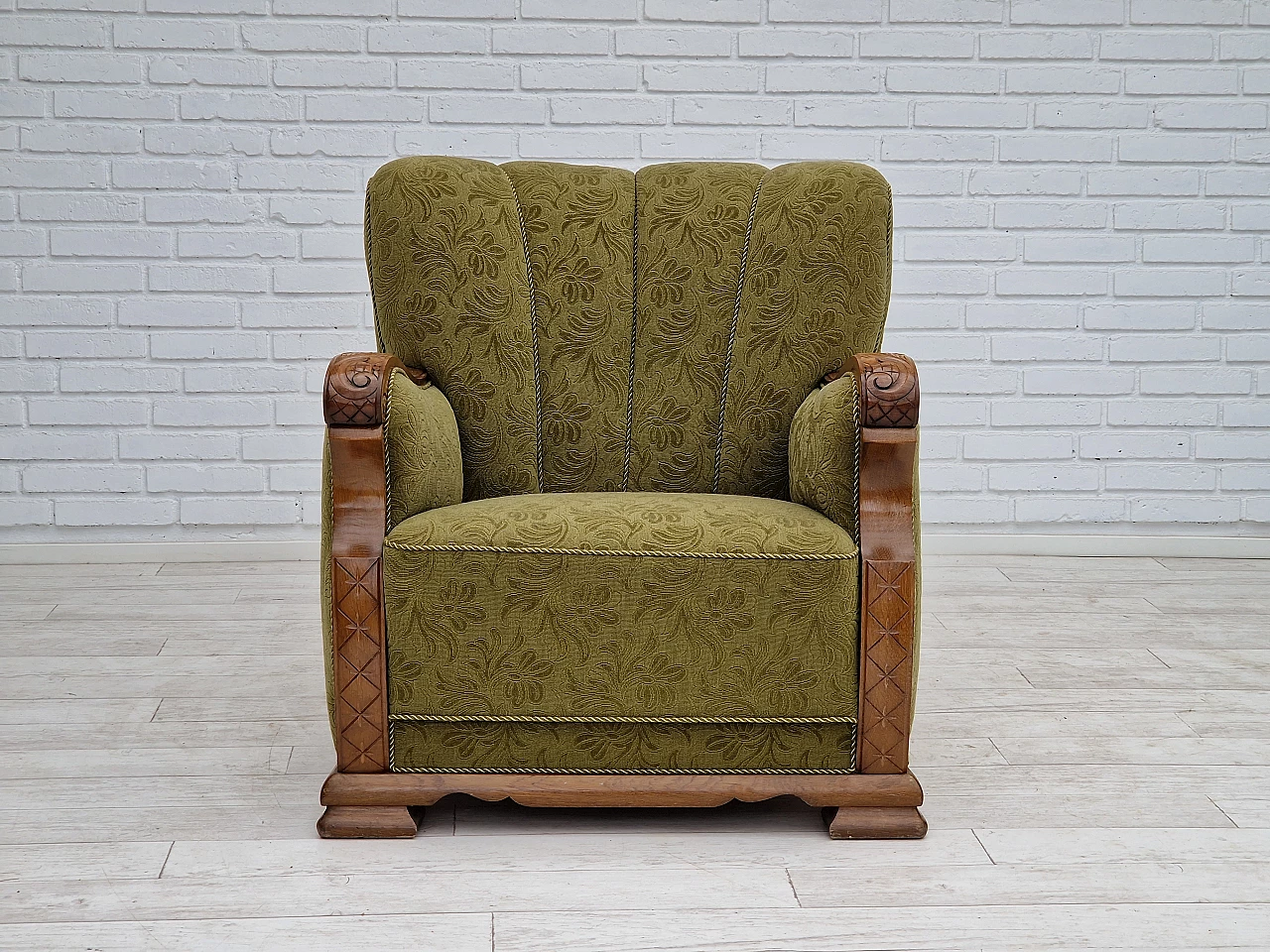 Pair of Danish oak armchairs upholstered in green fabric, 1950s 6
