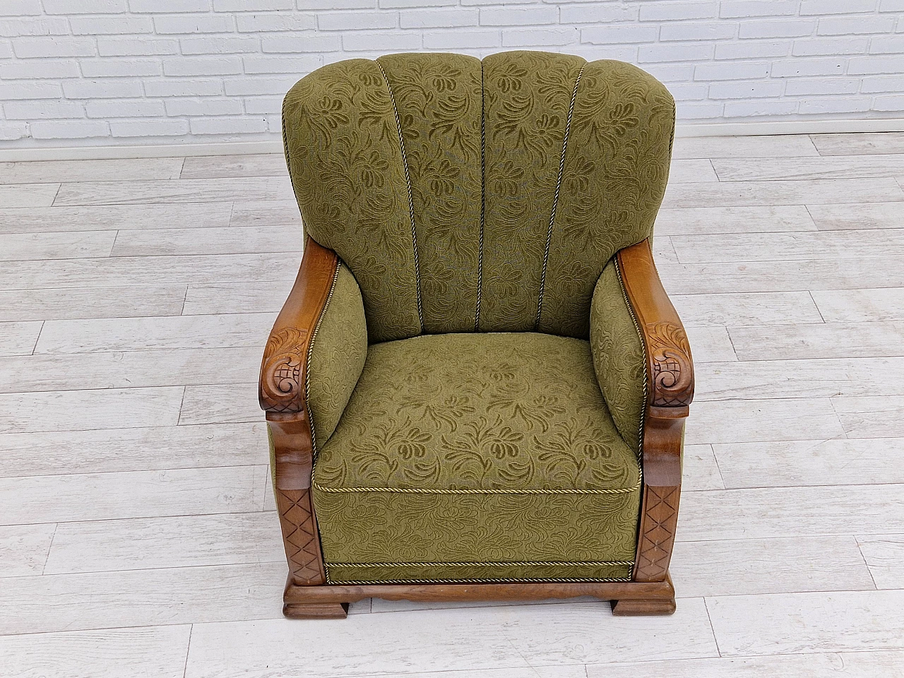 Pair of Danish oak armchairs upholstered in green fabric, 1950s 7