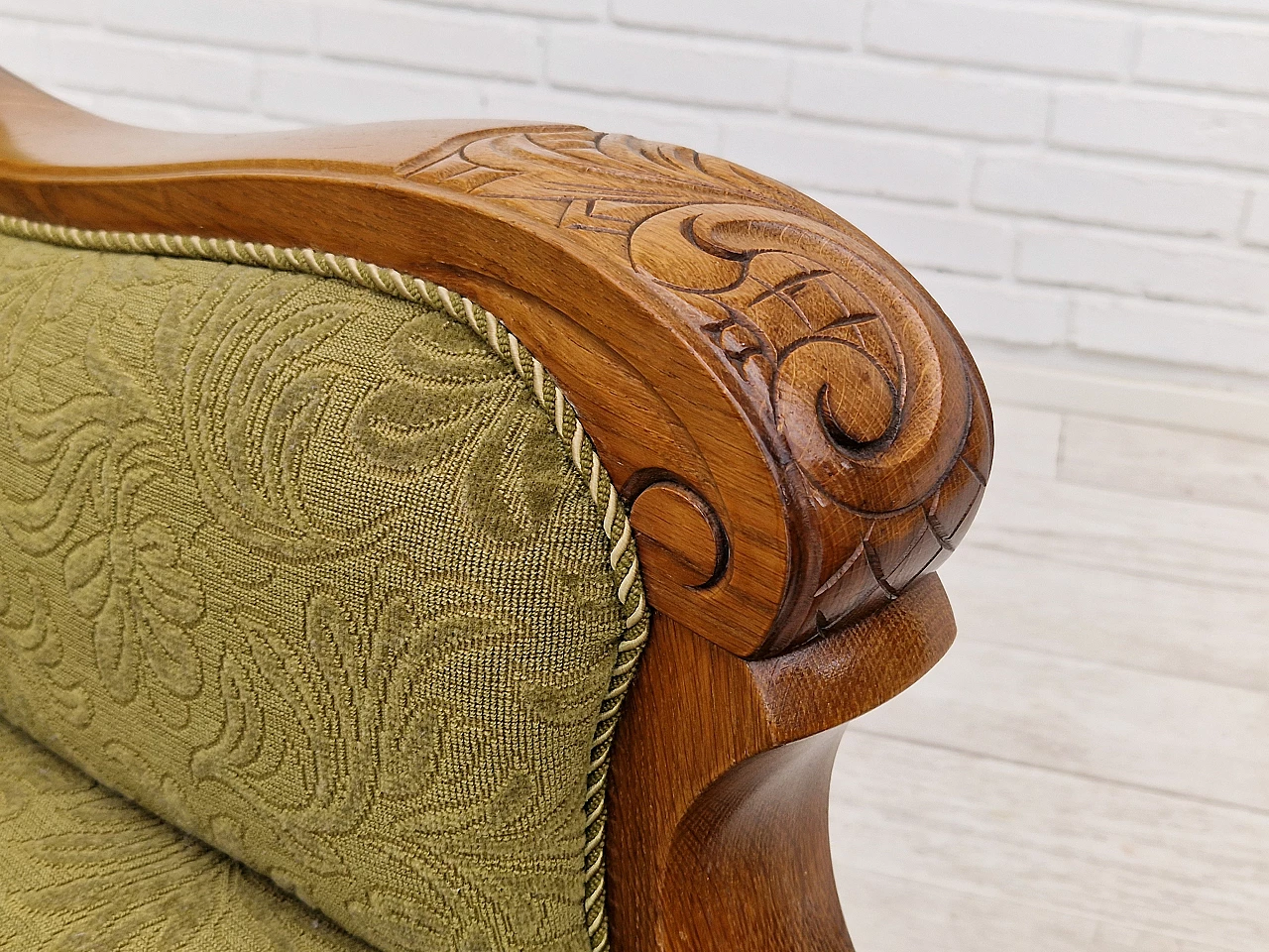 Pair of Danish oak armchairs upholstered in green fabric, 1950s 8