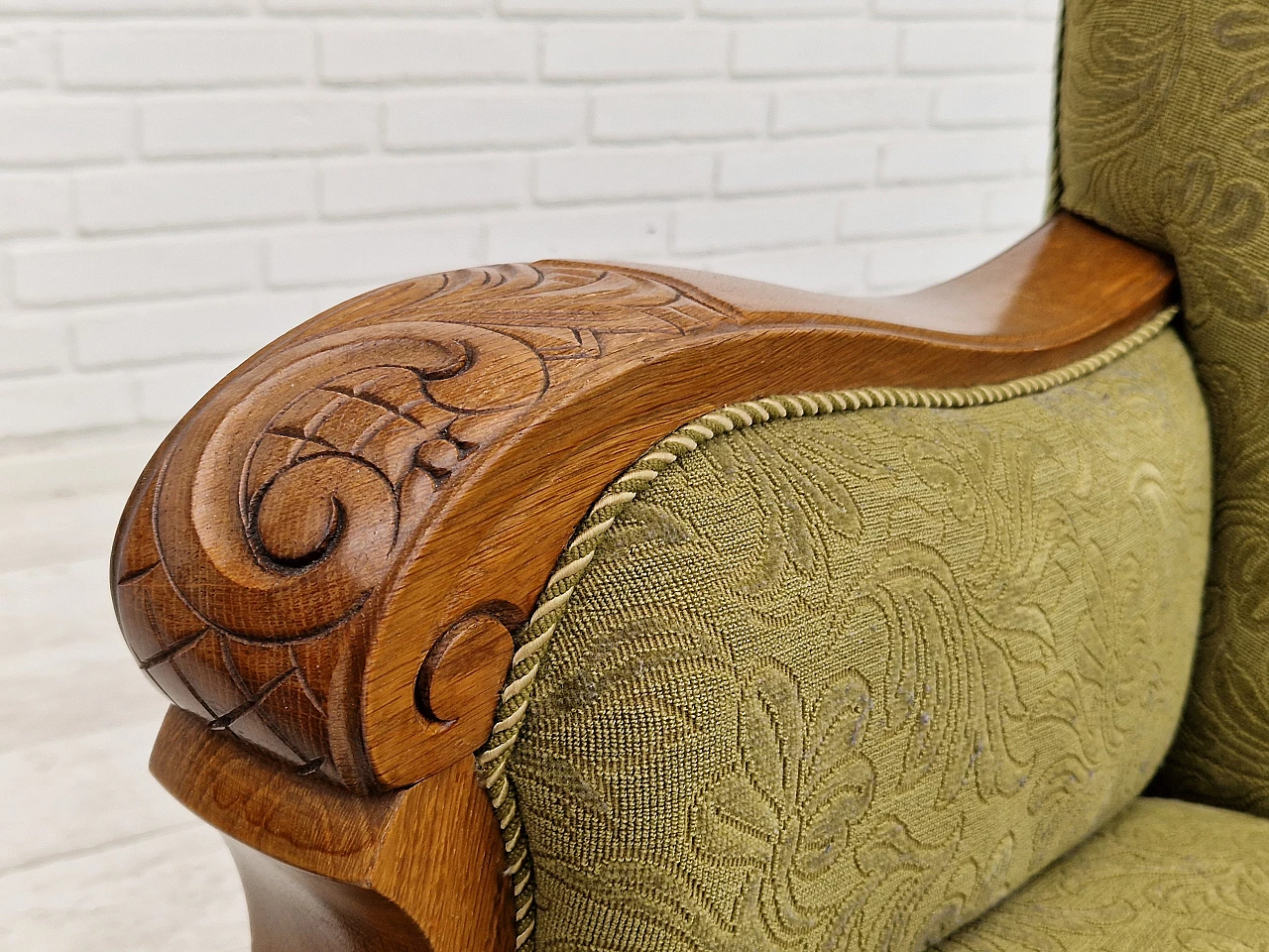 Pair of Danish oak armchairs upholstered in green fabric, 1950s 9