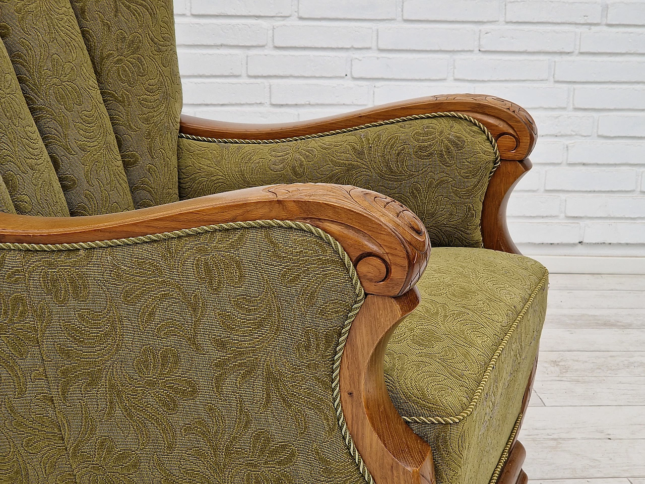 Pair of Danish oak armchairs upholstered in green fabric, 1950s 10