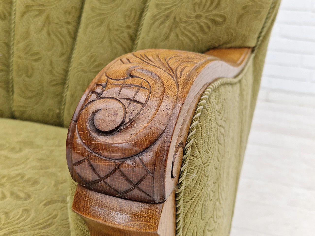 Pair of Danish oak armchairs upholstered in green fabric, 1950s 11