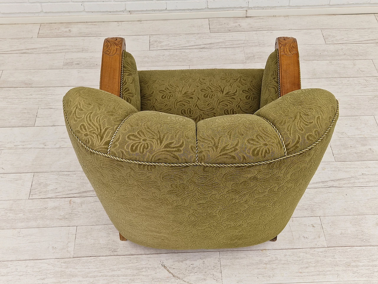 Pair of Danish oak armchairs upholstered in green fabric, 1950s 15