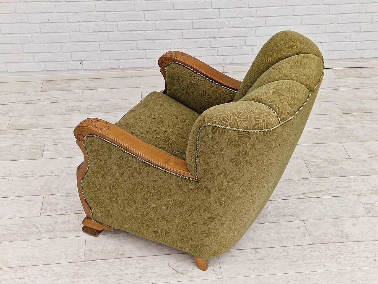 Pair of Danish oak armchairs upholstered in green fabric, 1950s 16