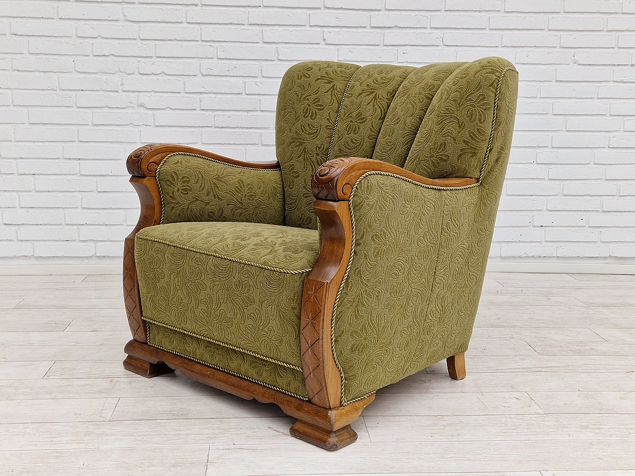 Pair of Danish oak armchairs upholstered in green fabric, 1950s 18