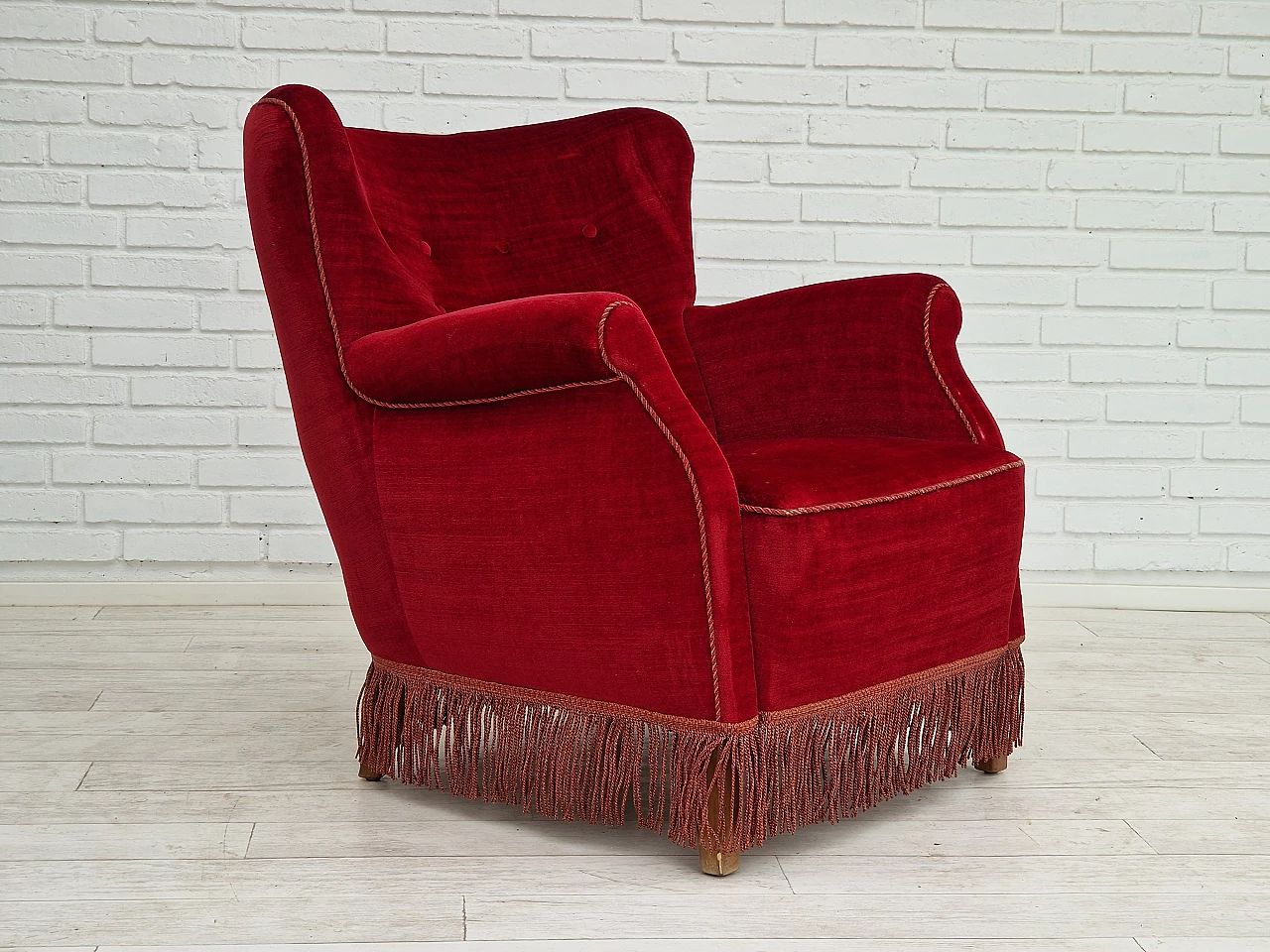 Danish cherry red velvet armchair with fringes, 1960s 1