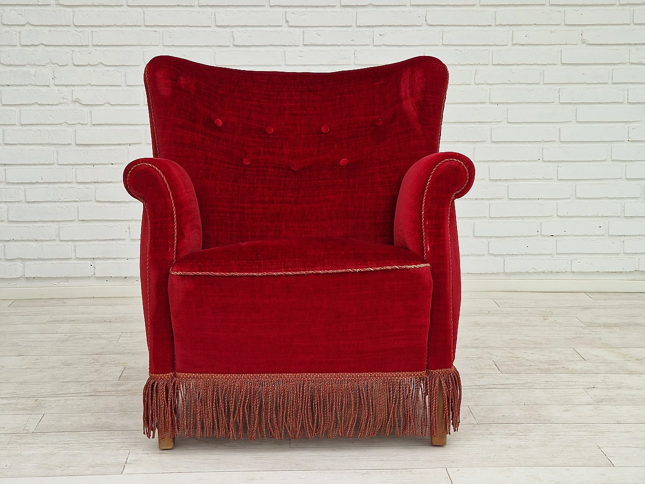 Danish cherry red velvet armchair with fringes, 1960s 2