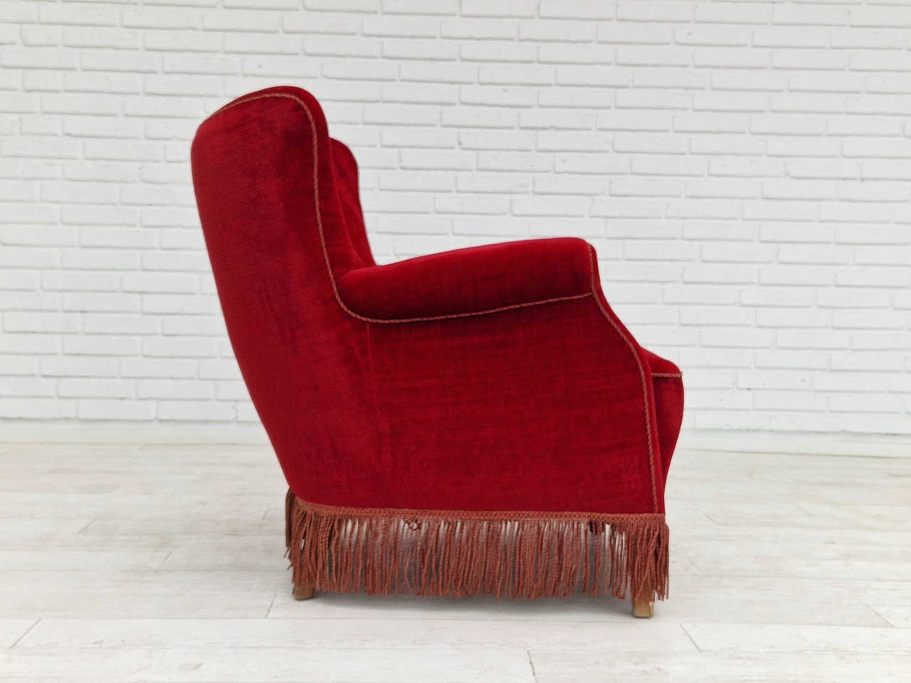 Danish cherry red velvet armchair with fringes, 1960s 3