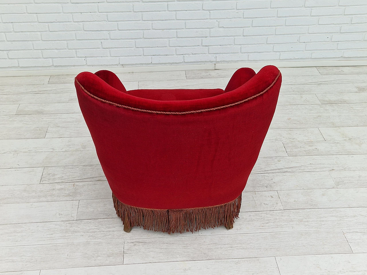 Danish cherry red velvet armchair with fringes, 1960s 4