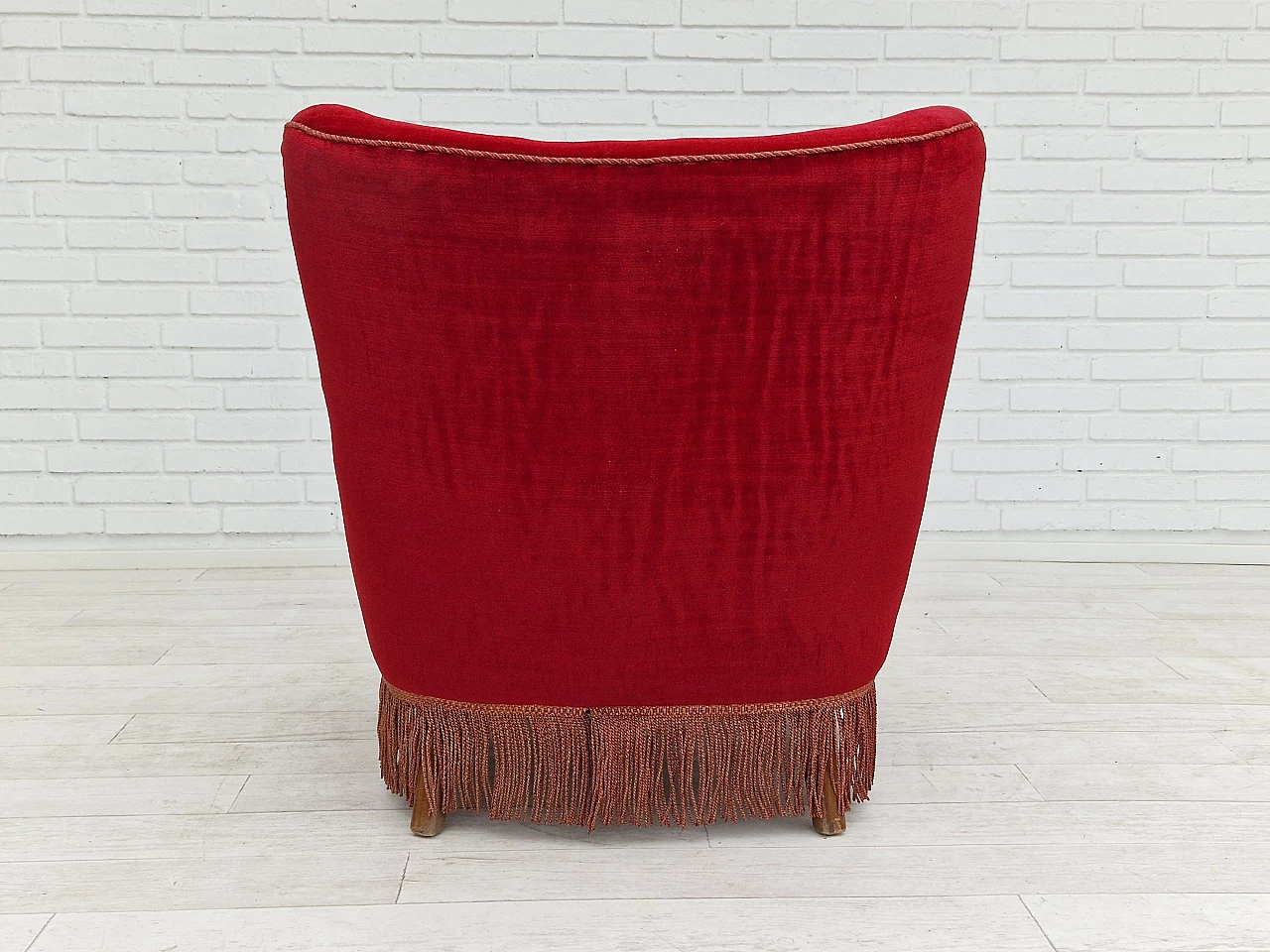 Danish cherry red velvet armchair with fringes, 1960s 5
