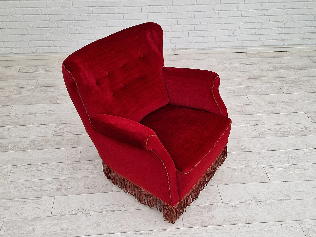 Danish cherry red velvet armchair with fringes, 1960s 6