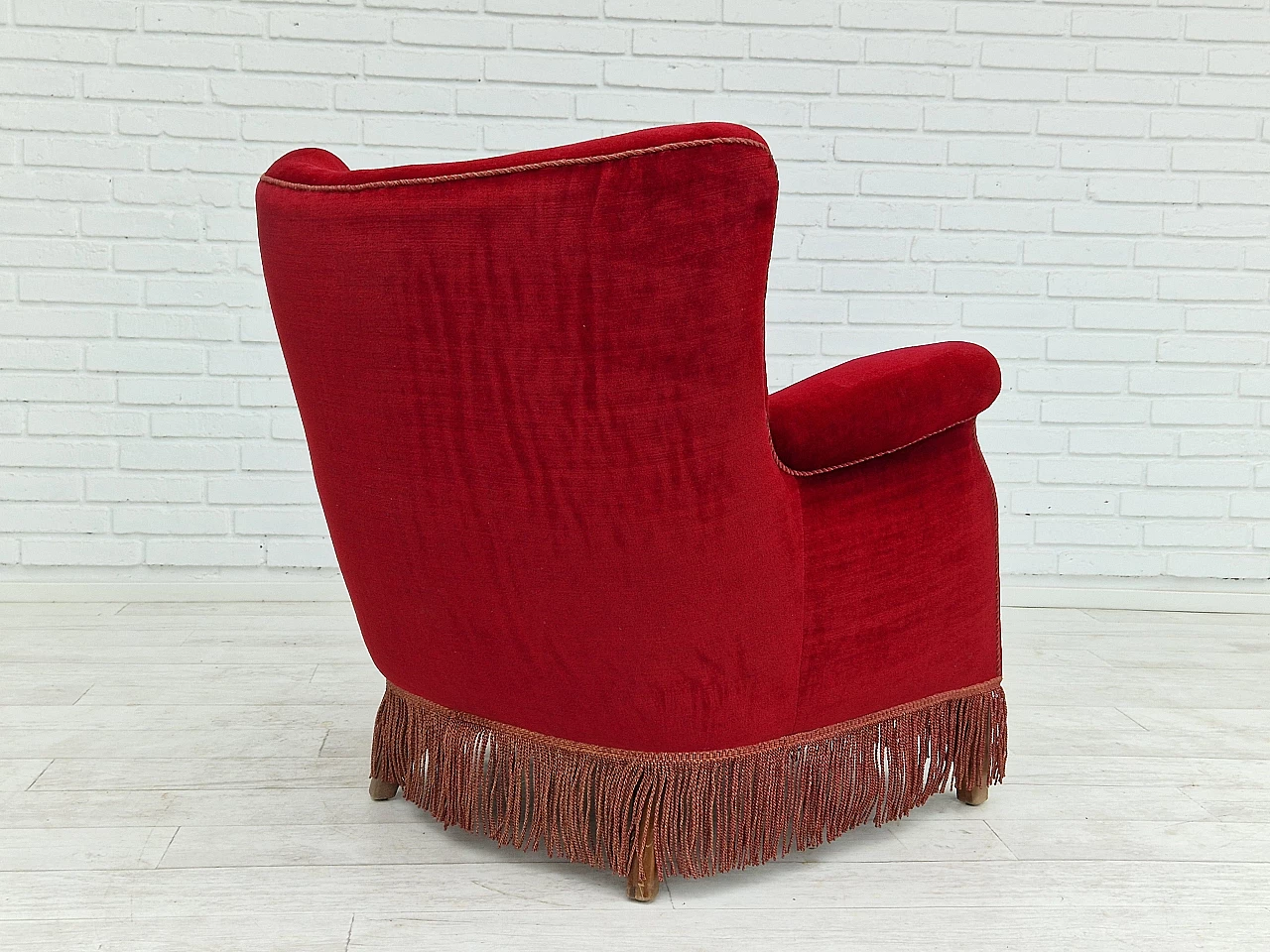 Danish cherry red velvet armchair with fringes, 1960s 7