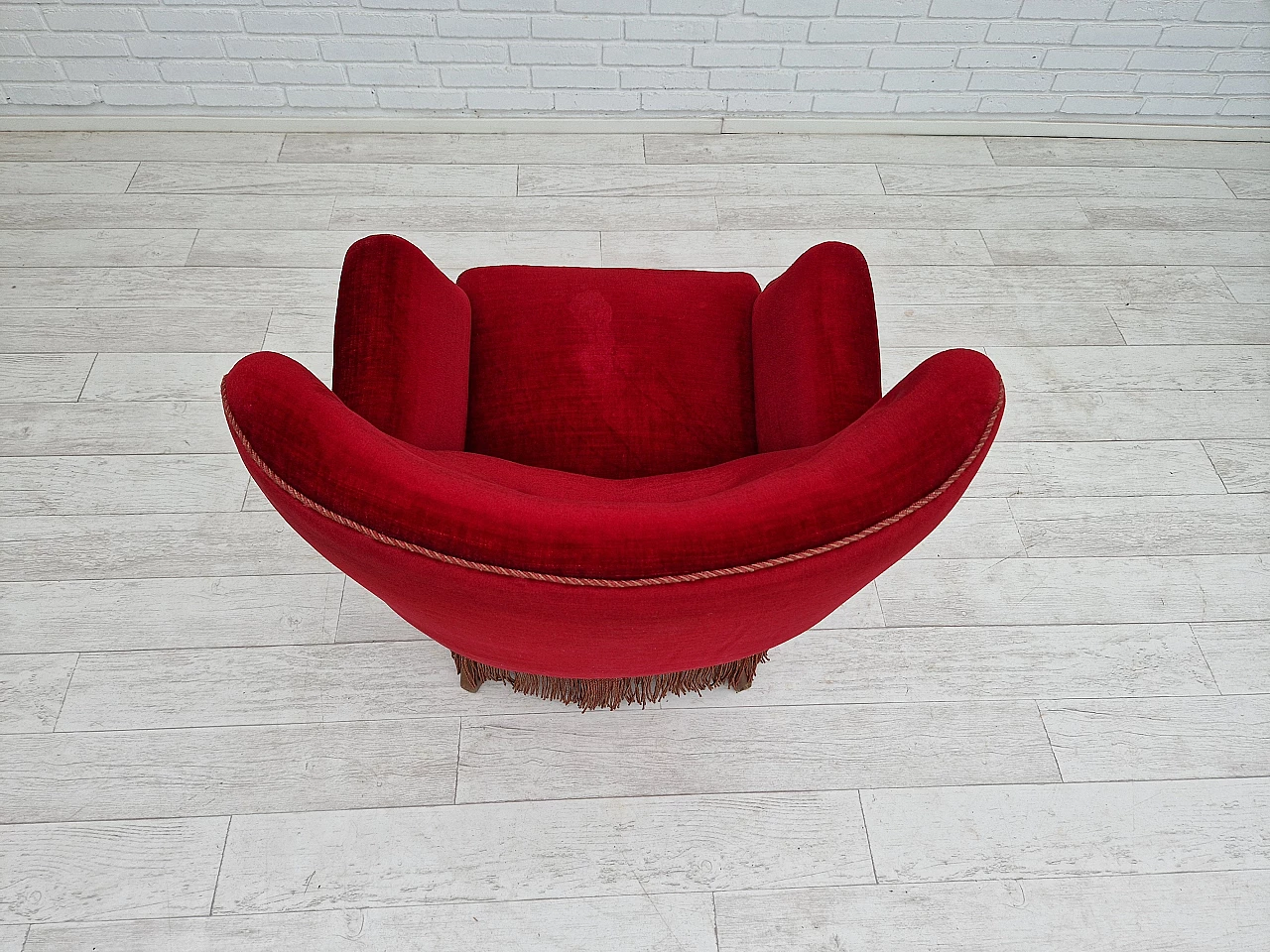 Danish cherry red velvet armchair with fringes, 1960s 8