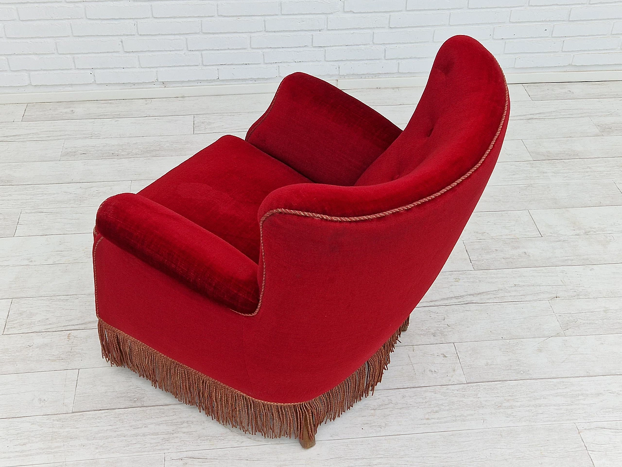 Danish cherry red velvet armchair with fringes, 1960s 9