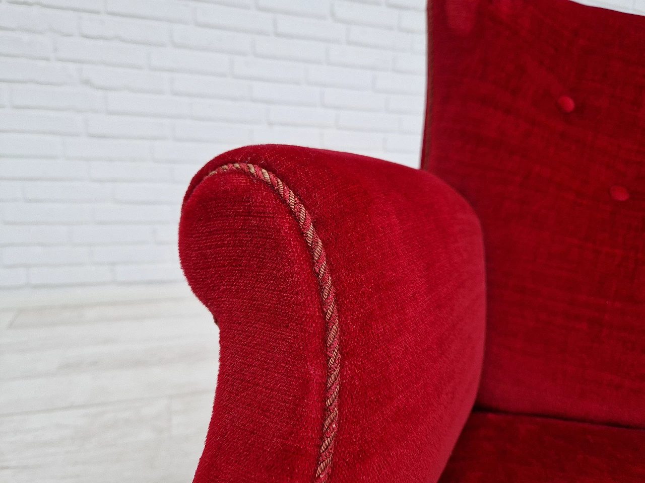 Danish cherry red velvet armchair with fringes, 1960s 10