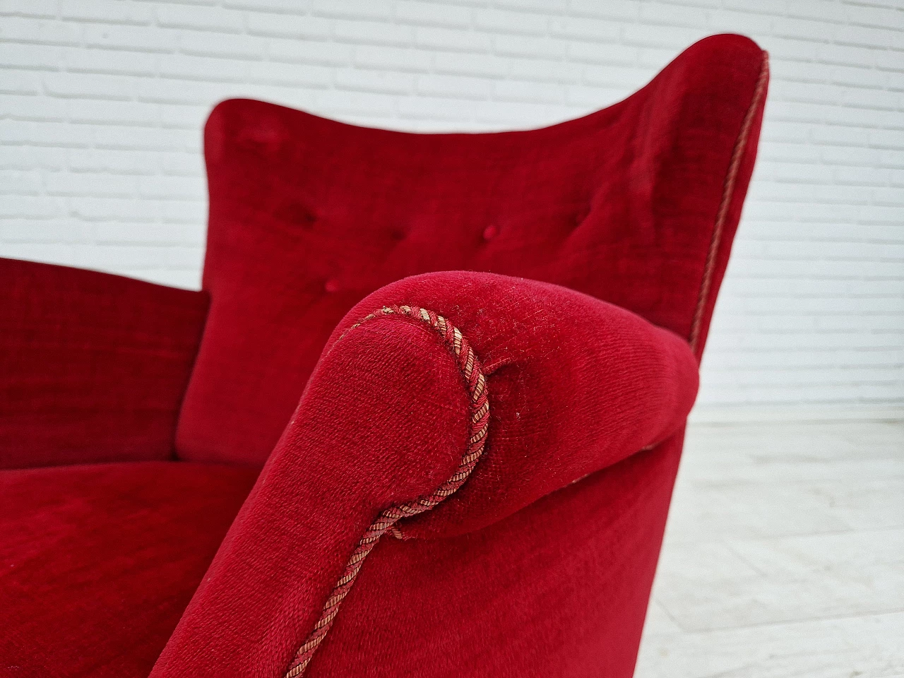 Danish cherry red velvet armchair with fringes, 1960s 11