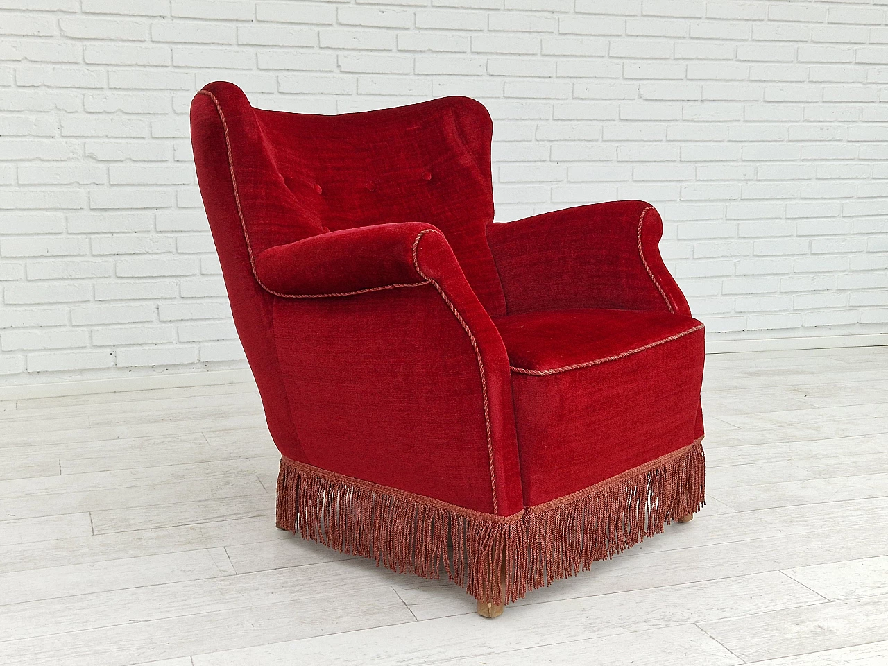 Danish cherry red velvet armchair with fringes, 1960s 12