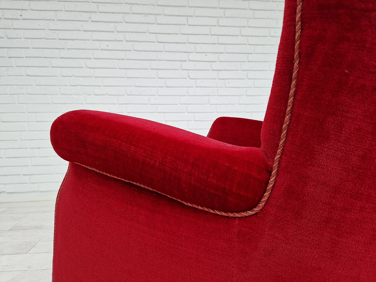 Danish cherry red velvet armchair with fringes, 1960s 13