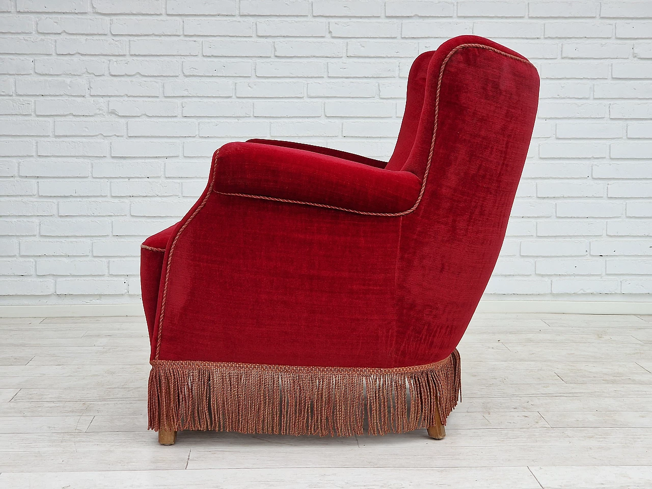 Danish cherry red velvet armchair with fringes, 1960s 14