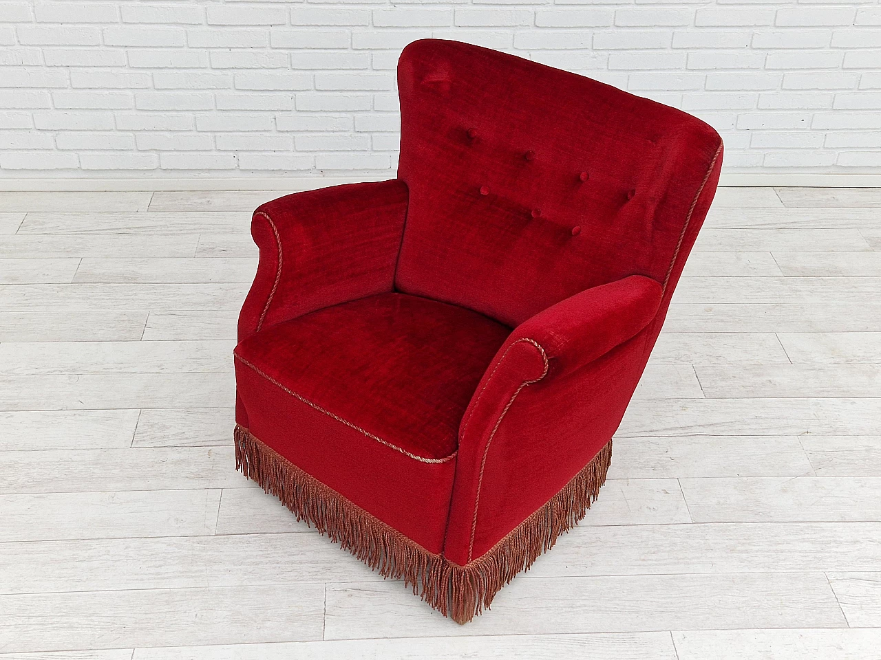 Danish cherry red velvet armchair with fringes, 1960s 15