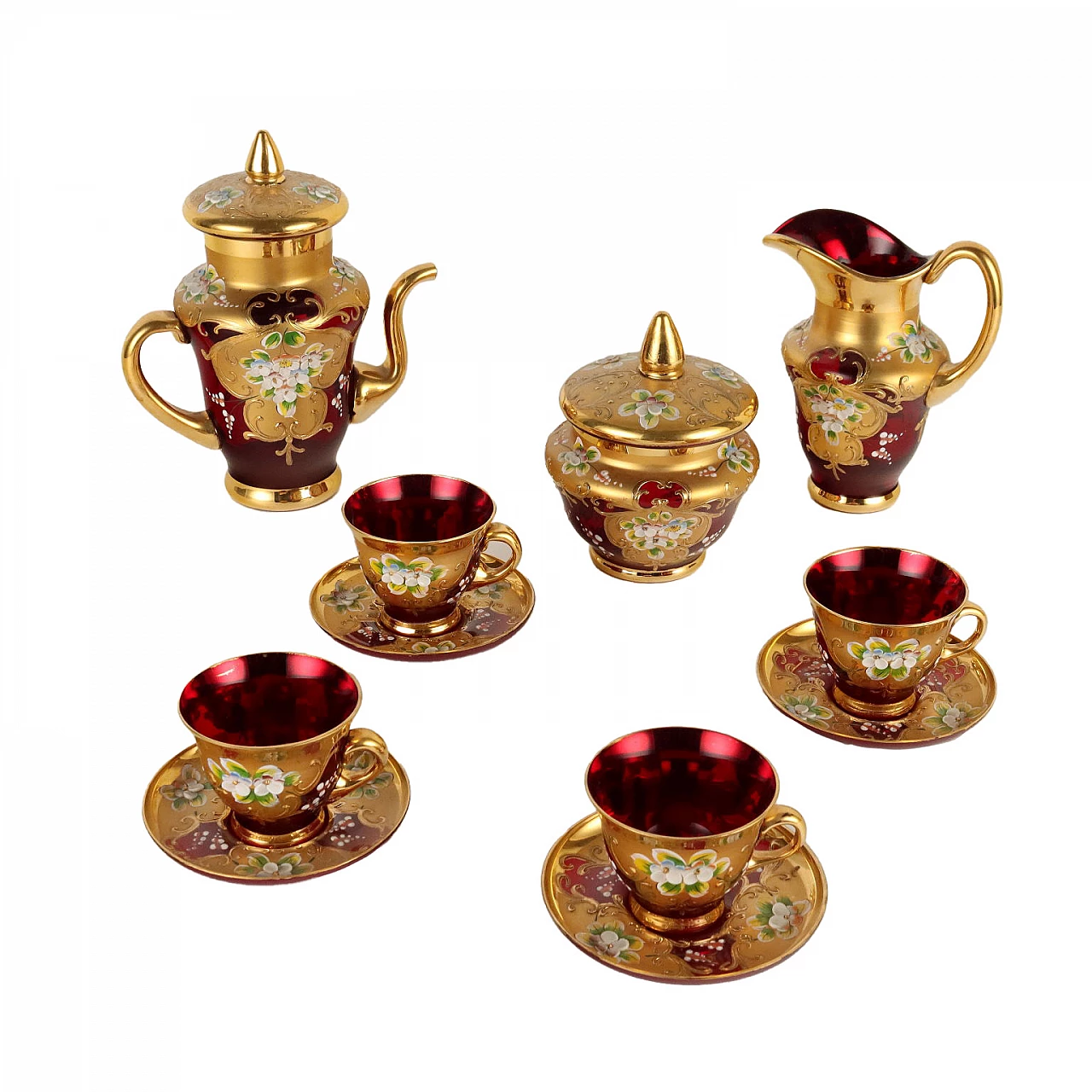 Servizio da caffè in vetro di Murano rosso rubino con decori in oro 1