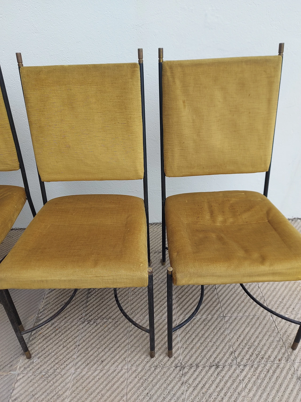 4 Iron, brass and velvet chairs attributed to Luigi Caccia Dominioni, 1950s 4
