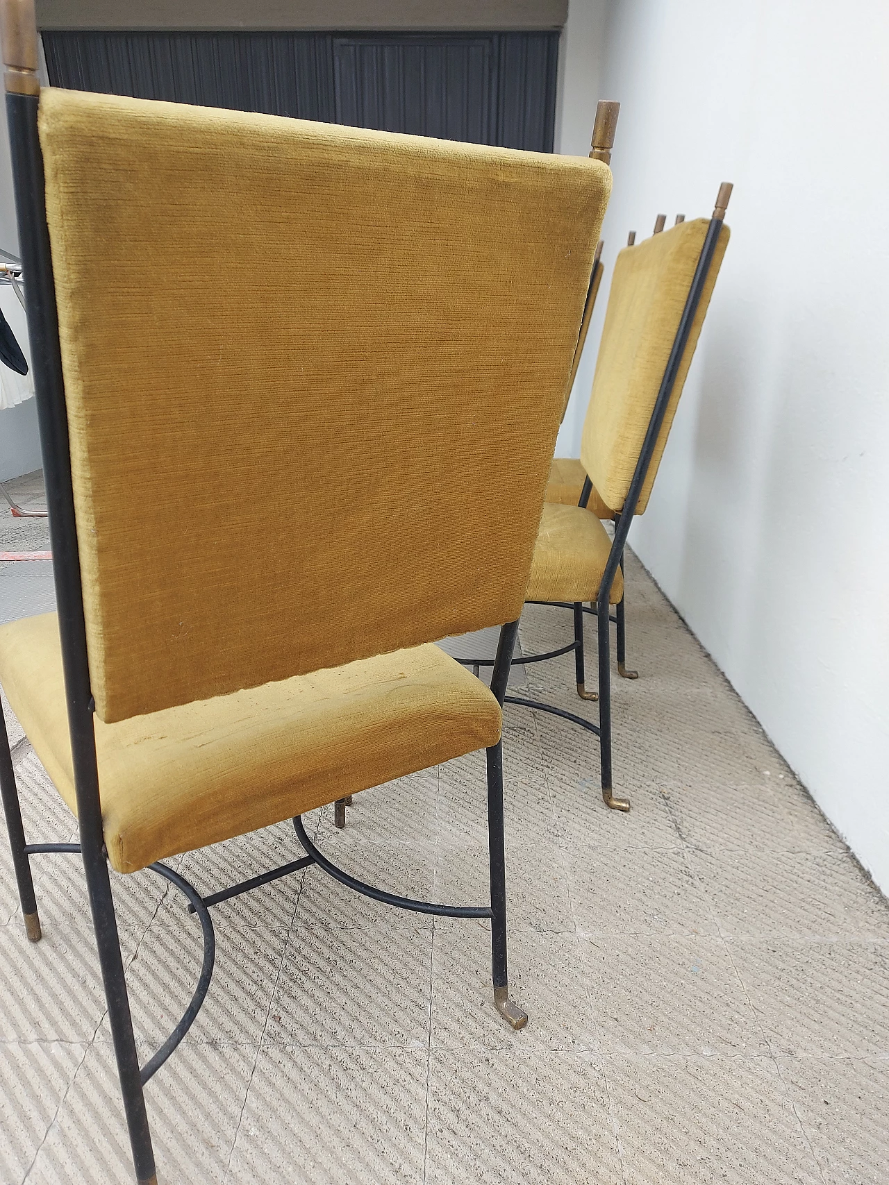4 Iron, brass and velvet chairs attributed to Luigi Caccia Dominioni, 1950s 9