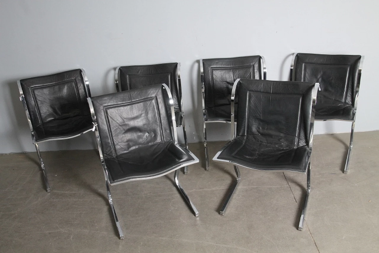 6 Chromed metal and leather chairs by Fumagalli, 1970s 1