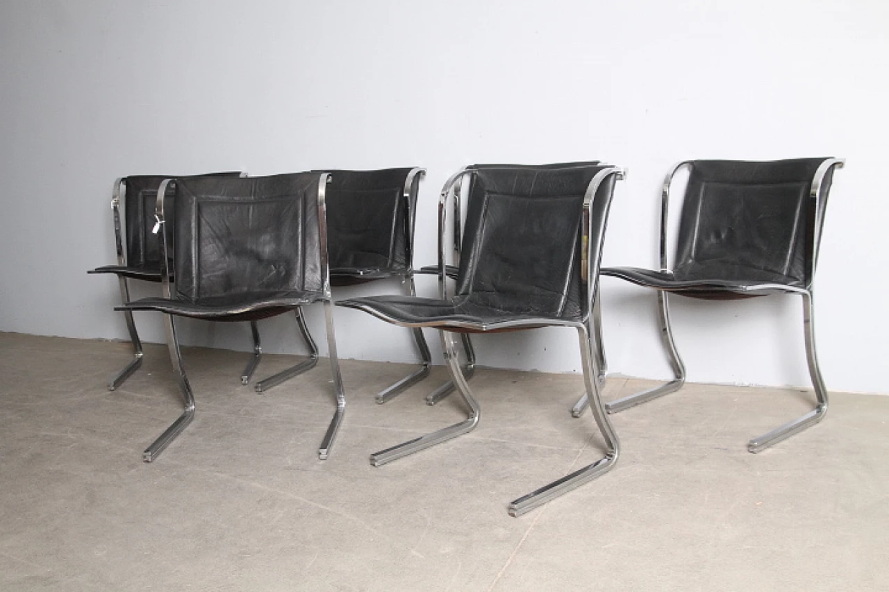 6 Chromed metal and leather chairs by Fumagalli, 1970s 2