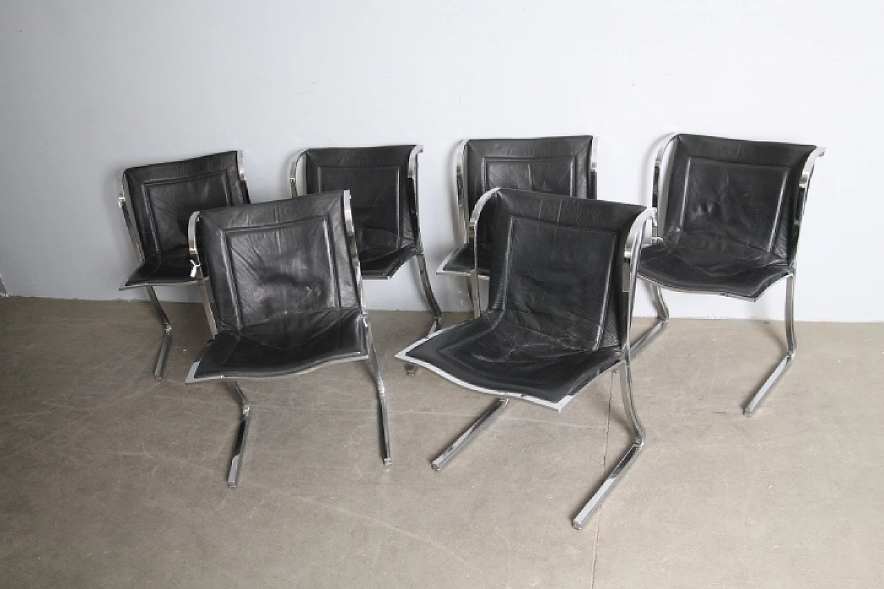 6 Chromed metal and leather chairs by Fumagalli, 1970s 3