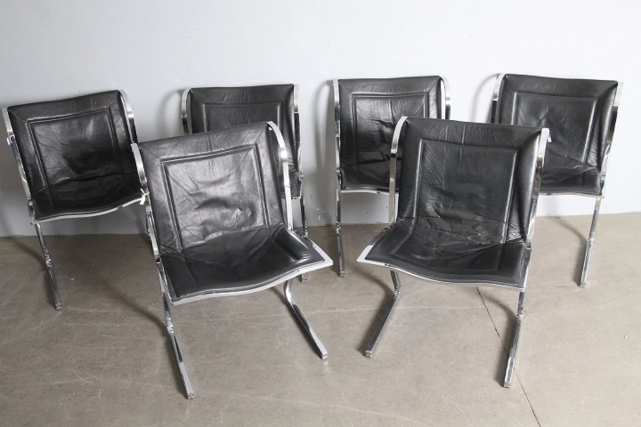 6 Chromed metal and leather chairs by Fumagalli, 1970s 4