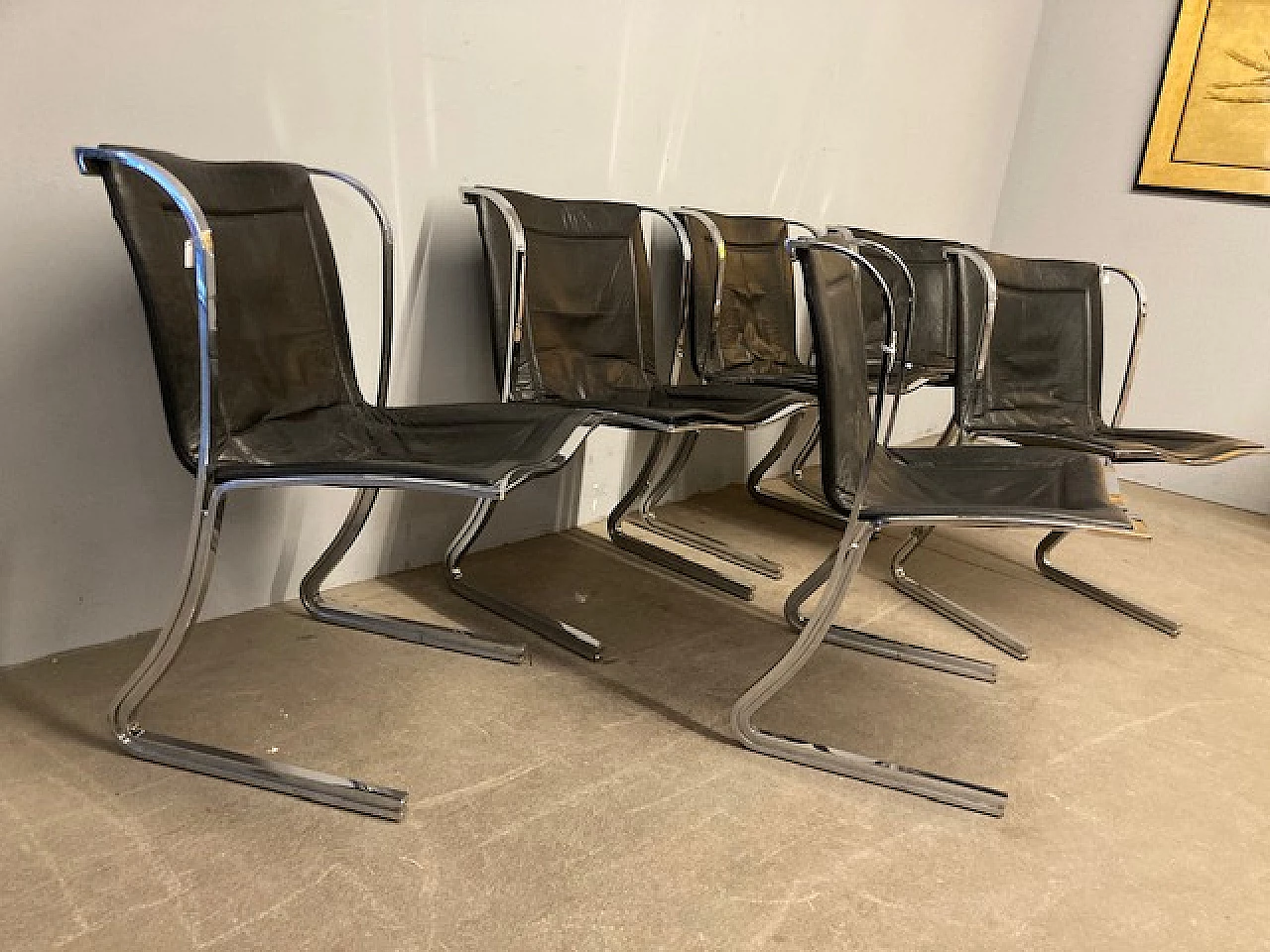 6 Chromed metal and leather chairs by Fumagalli, 1970s 5