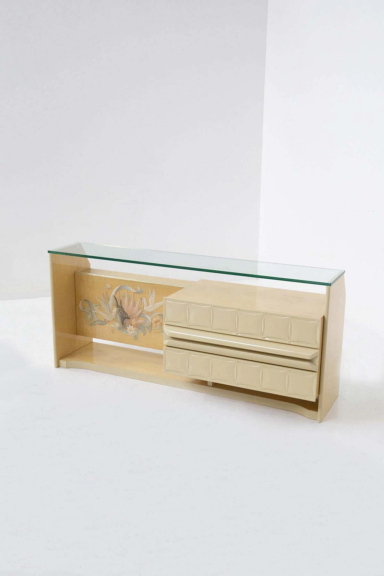 Cassettiera in legno intarsiato e vetro di Giovanni Gariboldi, anni '50 1