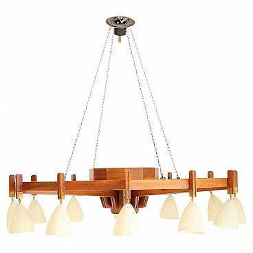 Wood, aluminium and brass chandelier in the style of Studio BBPR, 1950s