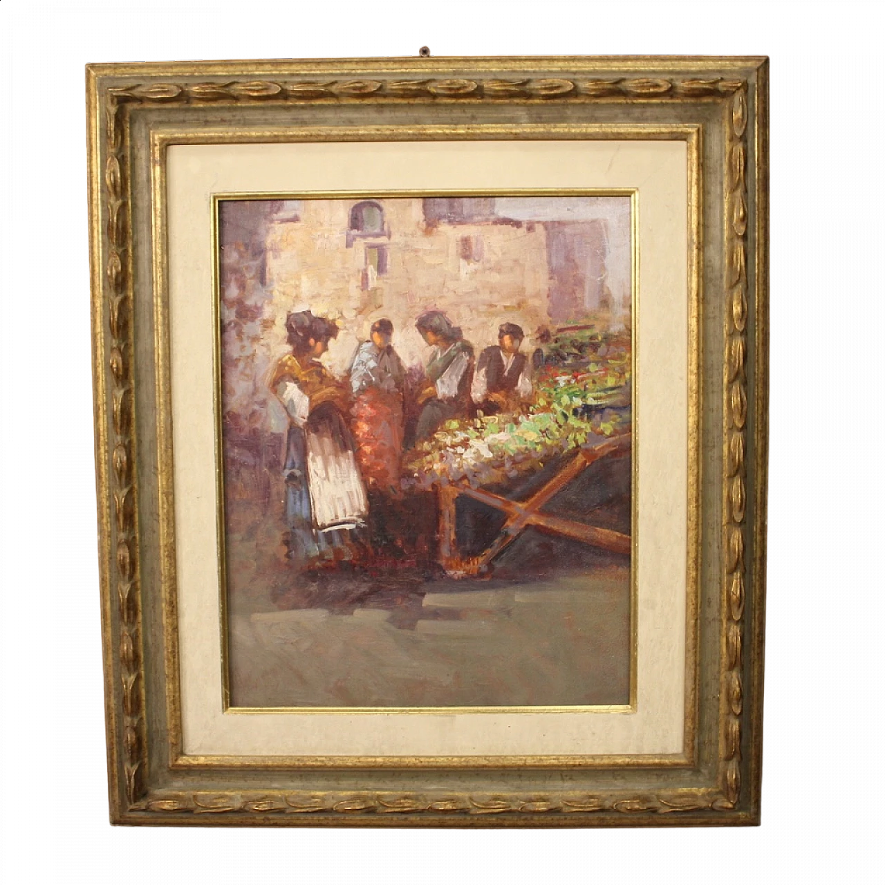 Dipinto italiano di scena popolare con personaggi, olio su tavoletta, anni '70 13