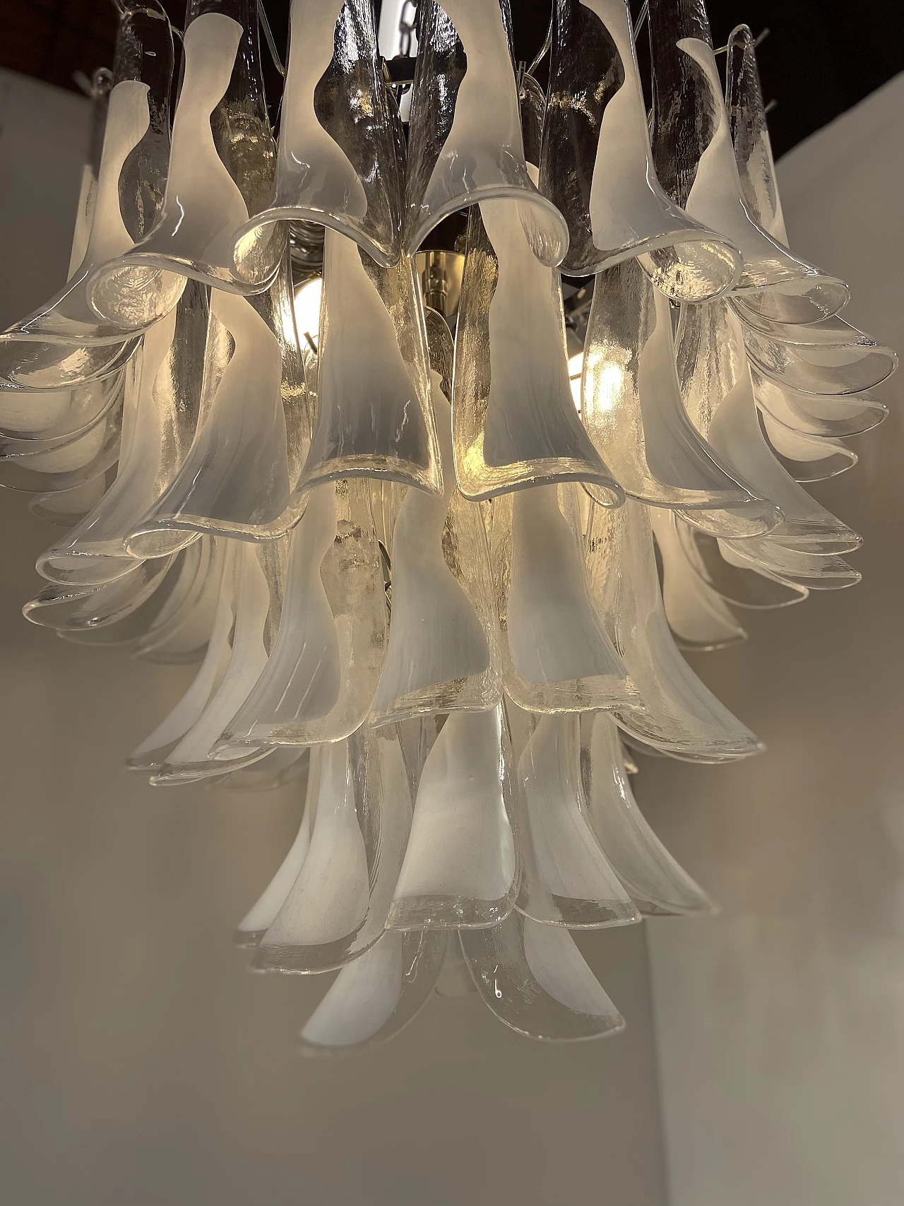 Steel and white Murano glass chandelier by Sergio Mazza for Mazzega, 1960s 2