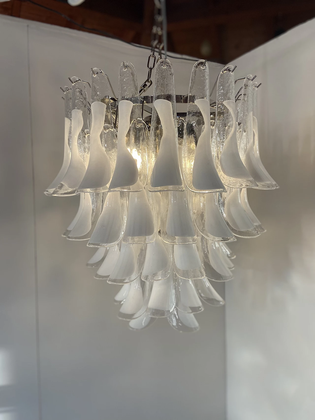 Steel and white Murano glass chandelier by Sergio Mazza for Mazzega, 1960s 3