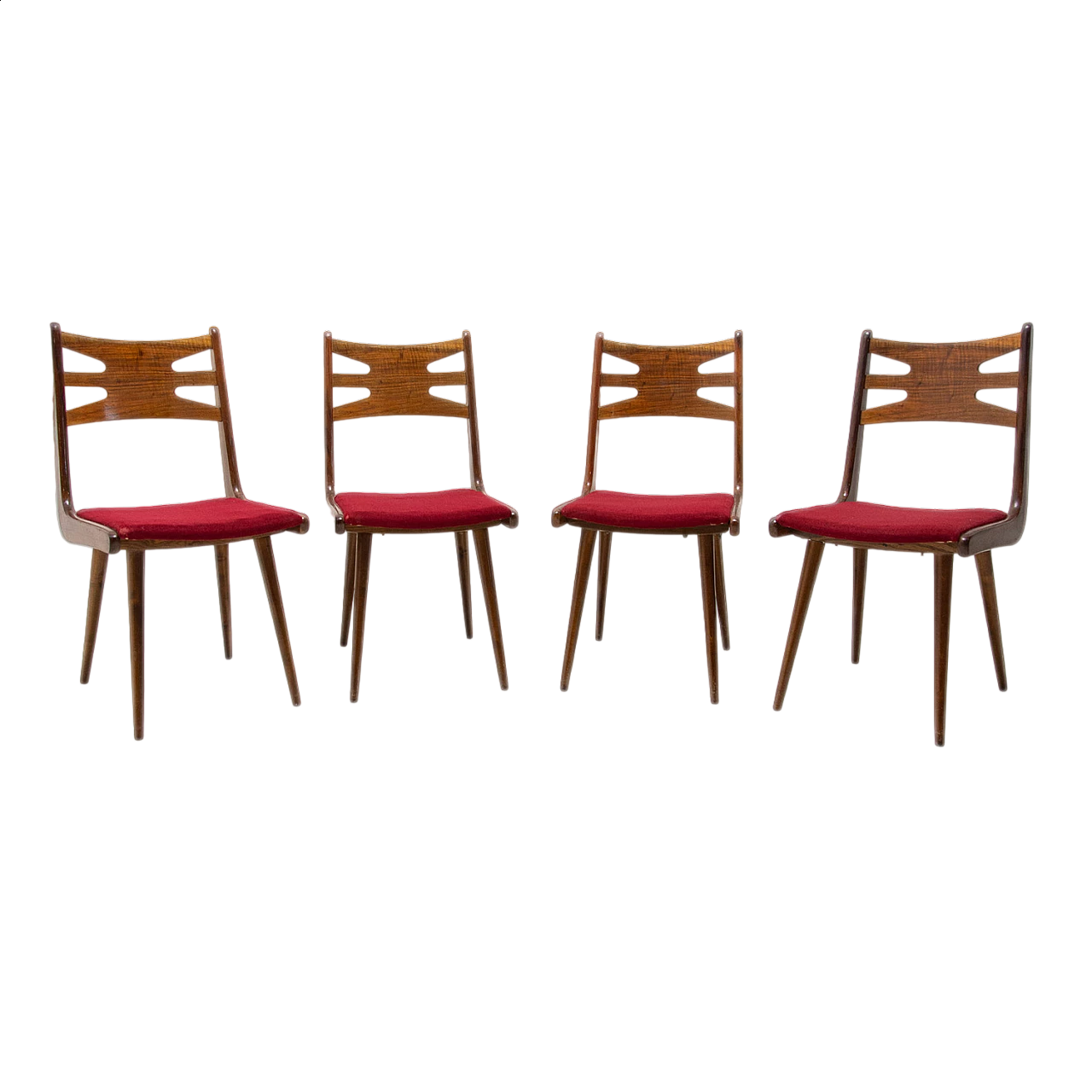 4 Walnut upholstered dining chairs, 1970s 18