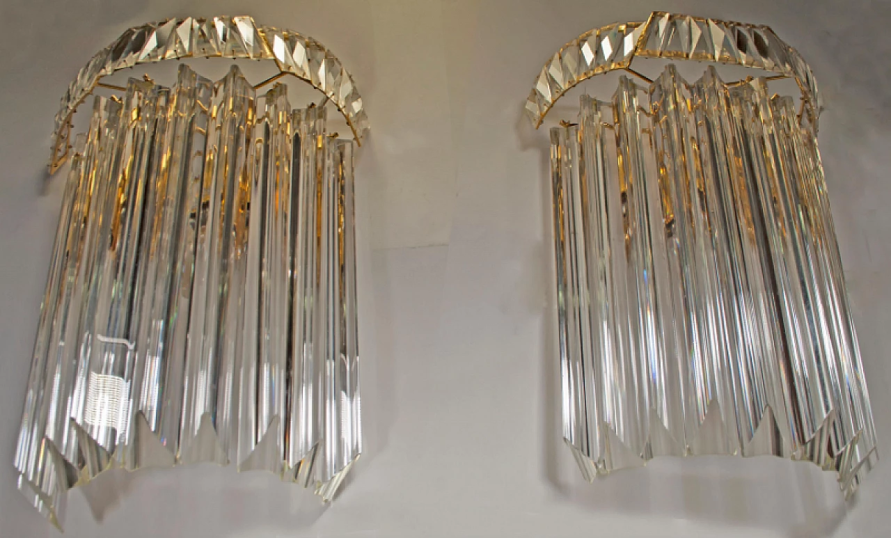 Coppia di applique Triedri in ottone e vetro di Venini, anni '70 8