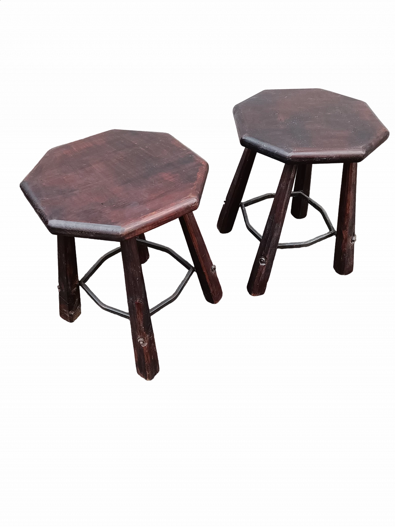 Pair of wood and iron stools, 1960s 4