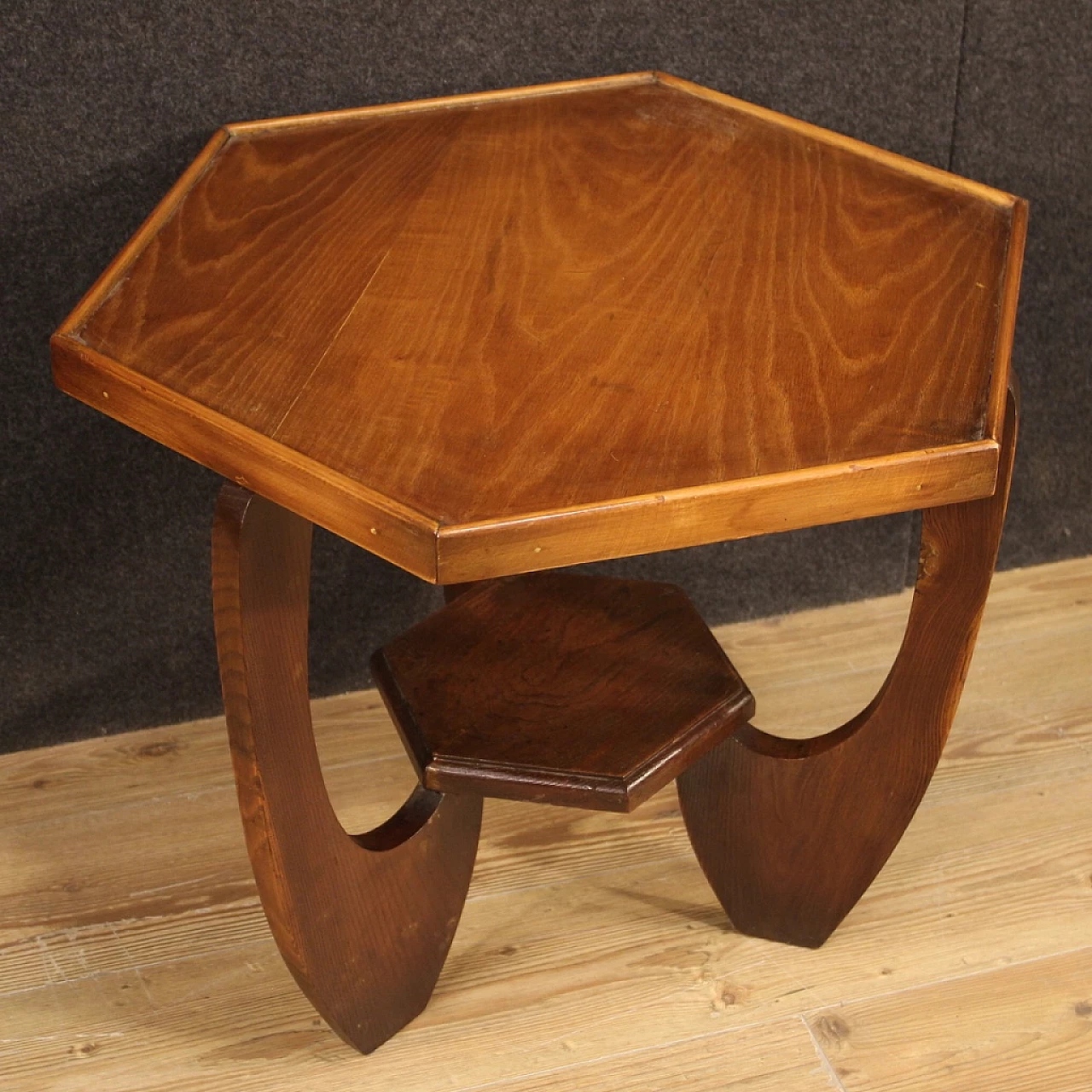 Tavolino Art Déco esagonale in rovere e faggio, anni '50 1