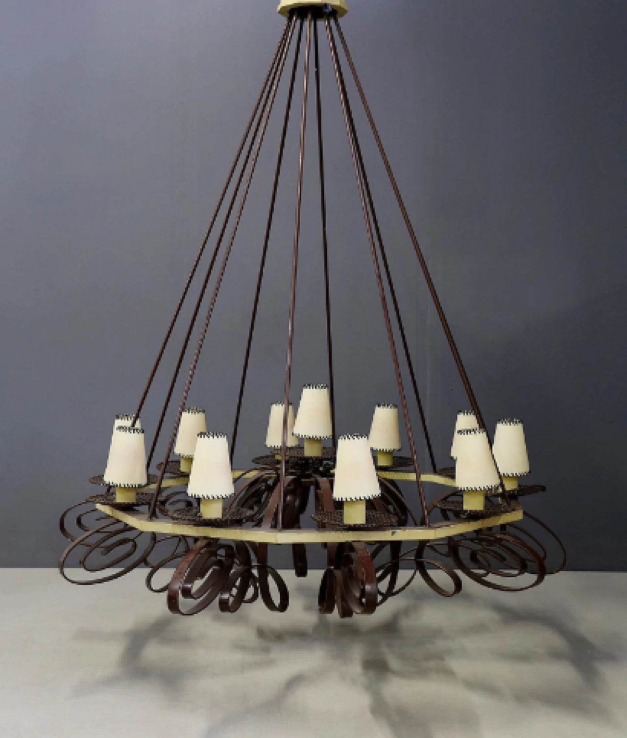 Art Deco metal and fabric chandelier, 1940s 5