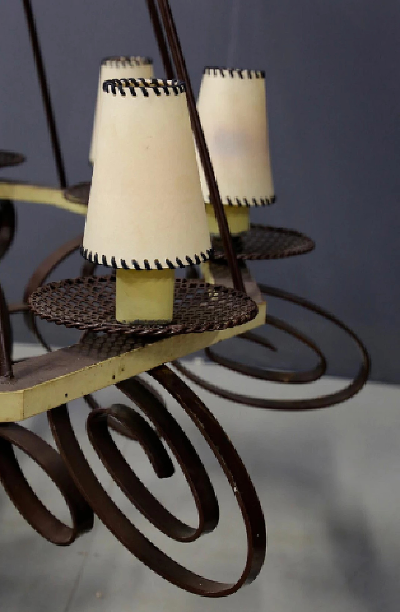 Art Deco metal and fabric chandelier, 1940s 8