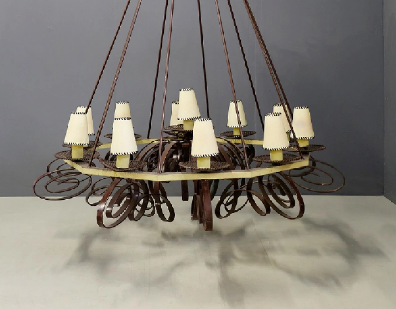 Art Deco metal and fabric chandelier, 1940s 9