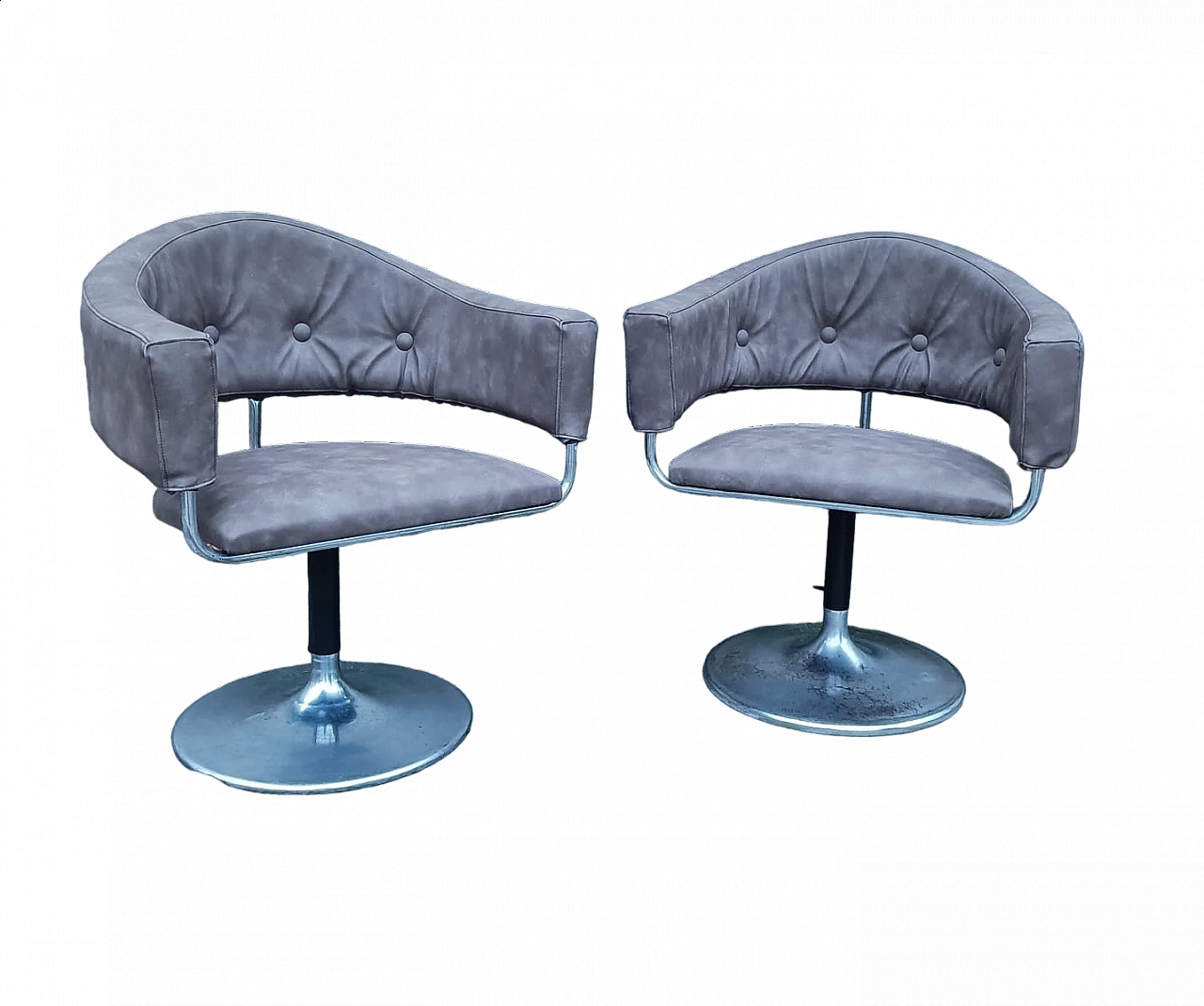 Coppia di poltrone girevoli in metallo ed ecopelle, anni '70 6