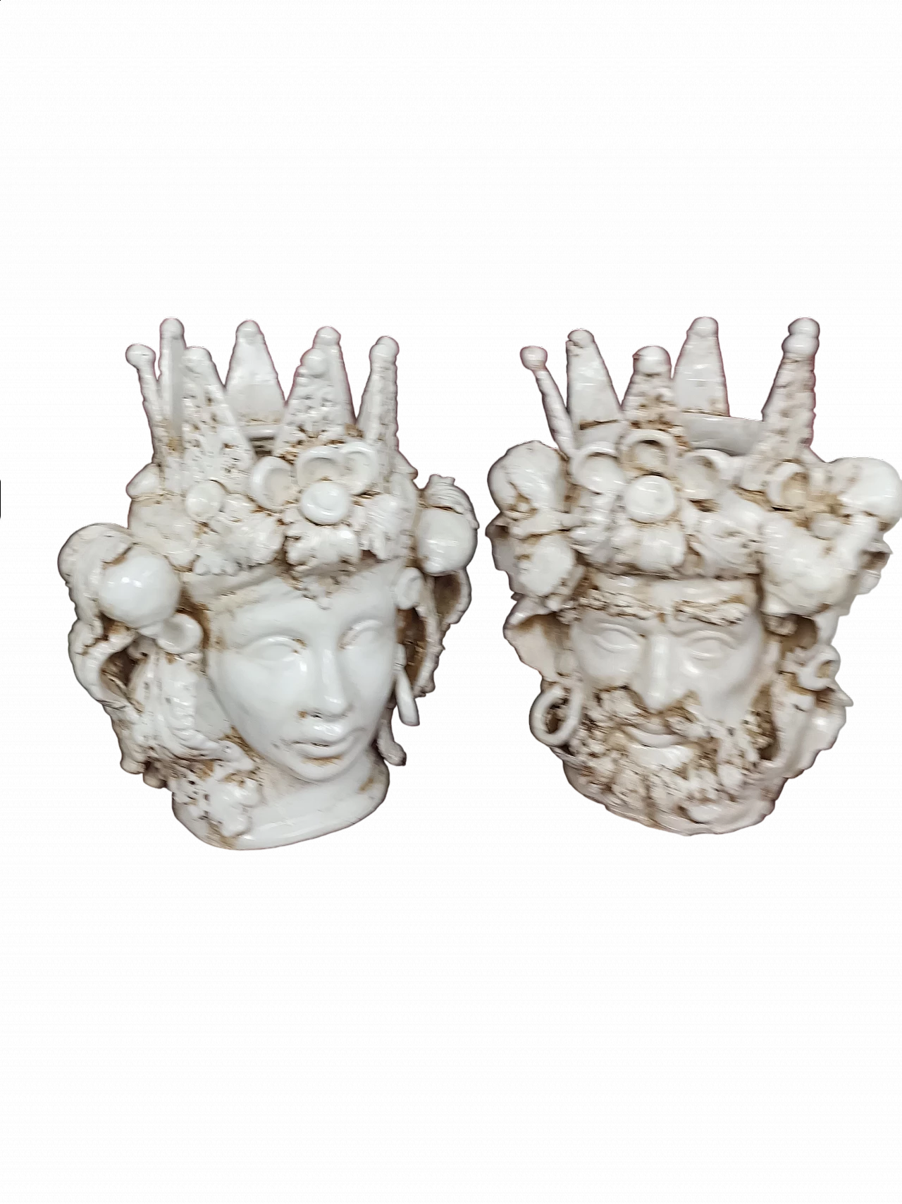 Coppia di teste in ceramica Caltagirone bianca, anni '50 9