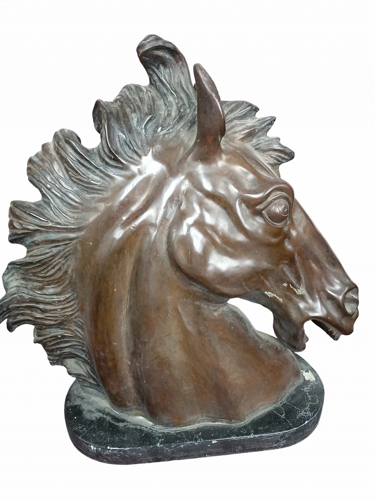 Bronze horse head with marble base, 1940s 8